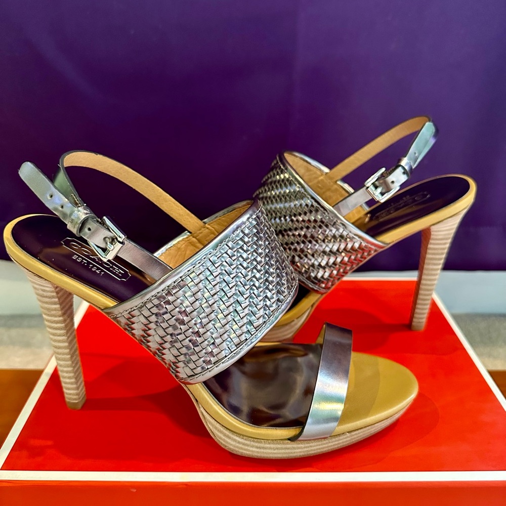 COACH! New, never worn pewter, heeled dress strap, sandals. Women’s size US 9.5.